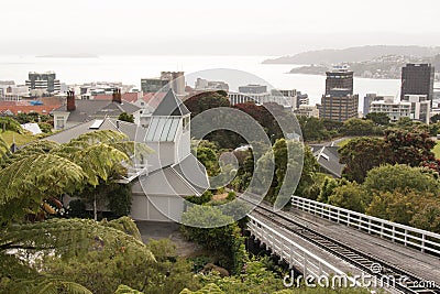 Panoramic view of Wellington City and cable car railway, New Zealand Editorial Stock Photo