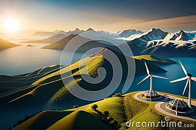 Panoramic view of wind farm or wind park, with high wind turbines for generation electricity Stock Photo