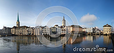 Panoramic view: Wonderful day for sightseeing: Limmat river promenade in Zurich, Switzerland Stock Photo