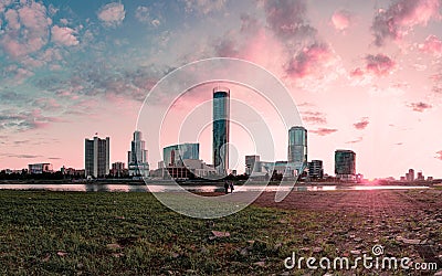 Panoramic view of Yekaterinburg City Center at sunset with a couple holding hands of each other Stock Photo