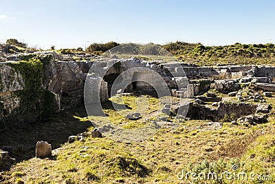 Panoramic Views of The Central Area in The Archaeologic Zone of Akrai in Palazzolo Acreide, Sicily. Stock Photo