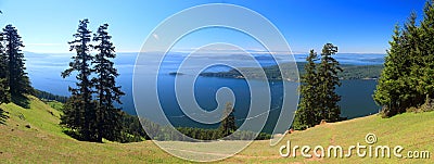 Panoramic Views of Pender Island, San Juan Islands, and Olympic Peninsula from Mount Warburton on Saturna Island, BC, Canada Stock Photo