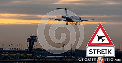 Panoramic warning sign German Streik in air traffic Stock Photo