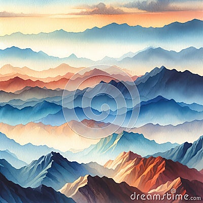 Panoramic watercolor painting illustrating a dynamic range of mountains with rich sunrise hues of blue, orange, and pink Cartoon Illustration