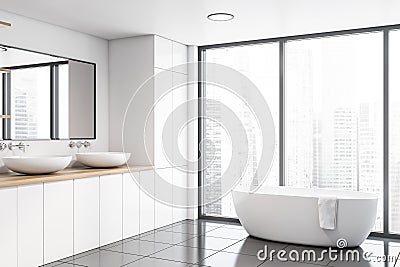Panoramic white bathroom corner, sink and tub Stock Photo