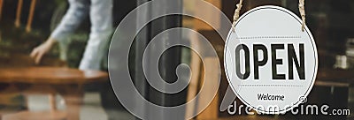 Panoramic wide banner. coffee cafe shop text on vintage sign board hanging on glass door in cafe shop open after coronavirus quara Stock Photo