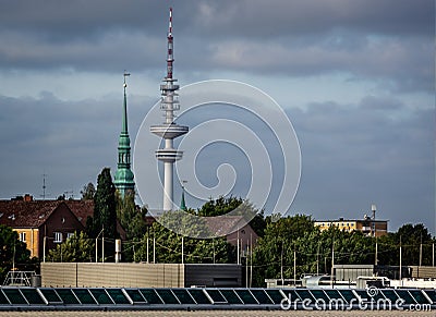 Panoramiv view of Hamburg cityscape from the River Elbe docklands in Hamburg, Germany Editorial Stock Photo