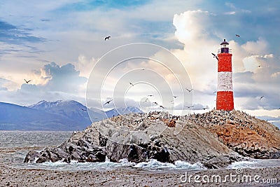 Panormaic view of the Les Eclaireurs Lighthouse, on the Beagle Channel in Ushuaia, Tierra del Fuego, surrounded by a Stock Photo