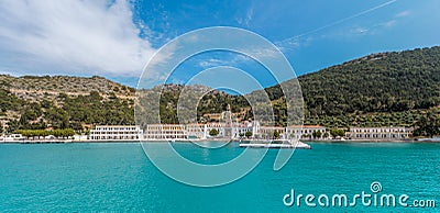 Panormitis monastery and bay panorama, Simi island, Greece Stock Photo