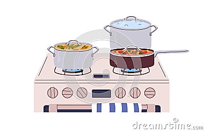 Pans, pots on gas stove. Cook stewpots, saucepans, skillets with cooking dishes, meals on cooker. Cookware with Vector Illustration