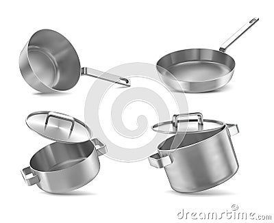 Pans and pots realistic set with frying pan saucepan and bowl Cartoon Illustration