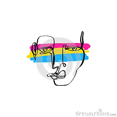 Pansexual pride grunge style flag and abstract human face line art. Gay and lesbian, icon symbol or logo. Design element for Cartoon Illustration