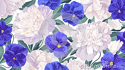 Realistic vector peonies and blue Pansies, desktop wallpaper for computers. Vector Illustration