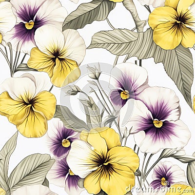 Realistic Pansy Seamless Pattern On White Background Cartoon Illustration