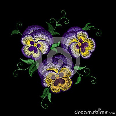 Pansy embroidery flower patch. Stitch texture effect. Traditional floral fashion decoration. Purple violet yellow color black back Cartoon Illustration