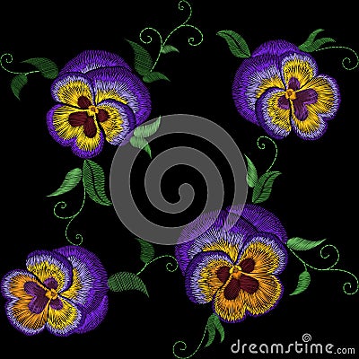 Pansy embroidery flower patch. Stitch texture effect. Traditional floral fashion decorationseamless pattern. Purple violet yellow Cartoon Illustration