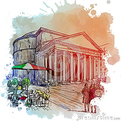Pantheon Basilica in Rome, Italy. Vintage design. Linear sketch on a watercolor textured background Vector Illustration