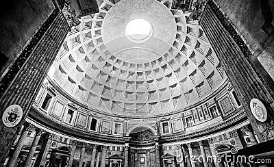 Pantheon entrance and roof of a large historic building with a large hole in the roof Editorial Stock Photo