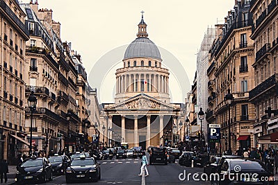 Pantheon Monument end of a street in Paris, France at sunset Editorial Stock Photo