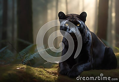 Panther close-up, photography of a Panther in a forest. A black jaguar walking through a jungle stream with green plants and trees Stock Photo