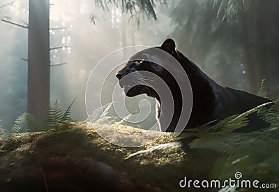 Panther close-up, photography of a Panther in a forest. A black jaguar walking through a jungle stream with green plants and trees Stock Photo