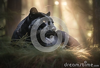 Panther close-up, photography of a Panther in a forest. A black jaguar walking through a jungle stream with green plants and trees Stock Photo