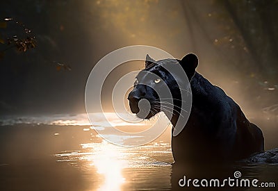 Panther close-up, photography of a Panther in a river. A black jaguar walking through a jungle stream with green plants and trees Stock Photo