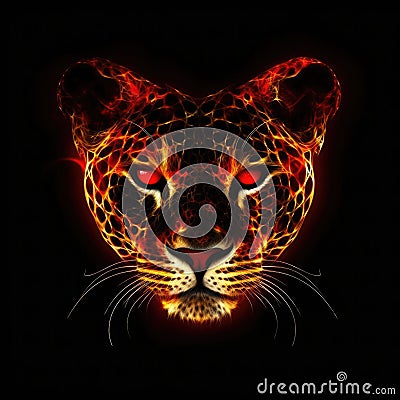 Panther Face Heart Shape In Red Fire On Black Background. Generative AI Stock Photo