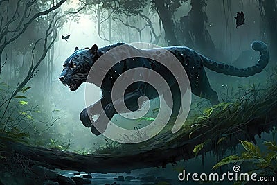 panther gliding through the forest, its breath visible in the chilly morning air Stock Photo