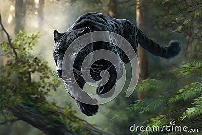 panther gliding through the forest, its breath visible in the chilly morning air Stock Photo