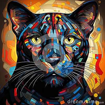 Colorful Cubist Panther Painting Inspired By Pablo Picasso Cartoon Illustration