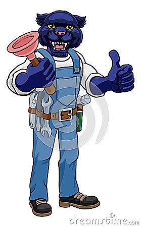 Panther Plumber Cartoon Mascot Holding Plunger Vector Illustration