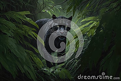 panther roaming through dense rainforest, its black coat a stark contrast to the lush green foliage Stock Photo