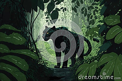panther roaming through dense rainforest, its black coat a stark contrast to the lush green foliage Stock Photo