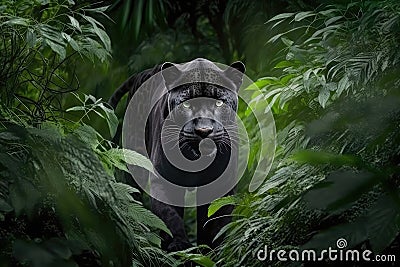 panther roaming through dense rainforest, its black coat a stark contrast to the lush green foliage Stock Photo