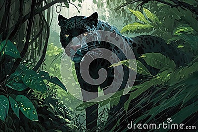 panther roaming through dense rainforest, its black coat a stark contrast to the lush green foliage Stock Photo