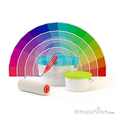 Pantone color palette, paint roller and cans of paint Stock Photo
