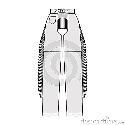 Pants cowboy chaps technical fashion illustration with normal belt waist, high rise, fringes, full length. Flat bottom Vector Illustration