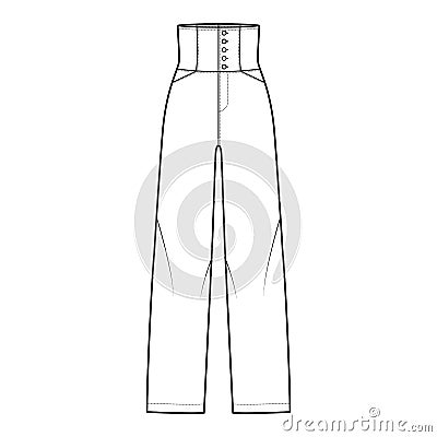 Pants high-waisted technical fashion illustration with full length, pockets, bottom closure, round pockets. Flat trouser Vector Illustration