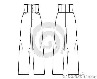 Pants high-waisted technical fashion illustration with full length, pockets, bottom closure, round pockets. Flat trouser Vector Illustration