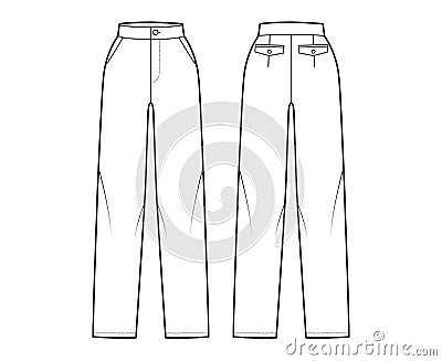 Pants straight technical fashion illustration with flat front, normal waist, high rise, full length, slant, flap pockets Vector Illustration