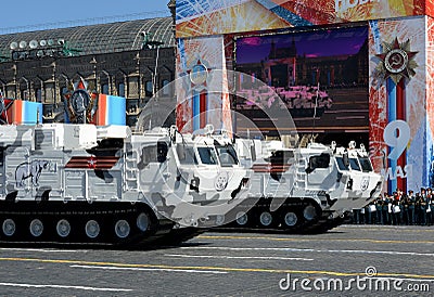 Pantsir-SA SA-22 Greyhound is a medium range arctic self-propelled anti-aircraft missile system. Rehearsal celebration of of the Editorial Stock Photo