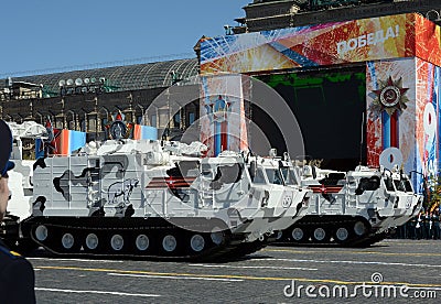 Pantsir-SA SA-22 Greyhound is a medium range arctic self-propelled anti-aircraft missile system. Rehearsal celebration of of the Editorial Stock Photo