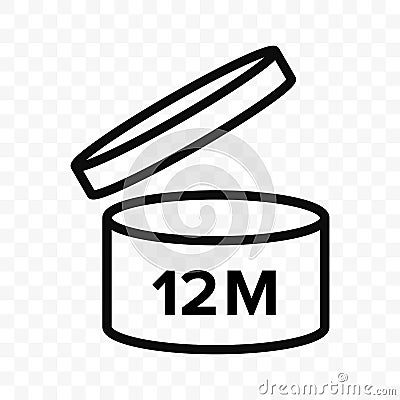 Pao 12m vector icon. Cosmetic open month life shelf, expiration period 12 months PAO symbol Vector Illustration