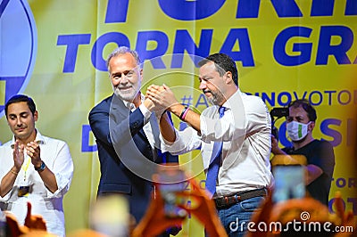 Paolo Damilano candidate for mayor for the Lega party by Matteo Salvini during an electoral rally Turin Italy Editorial Stock Photo