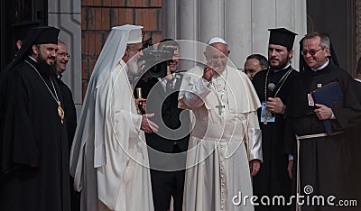 Papa Francisc and the patriarch of Romania Daniel. The group portrait of the great church clerics Editorial Stock Photo