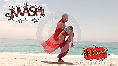 Papa het spelen met zijn zoon bij het strand dat door beeldverhaal te schrijven wordt omringd stock video Papa het spelen met zijn zoon bij het strand dat door beeldverhaal te schrijven wordt omringd stock video