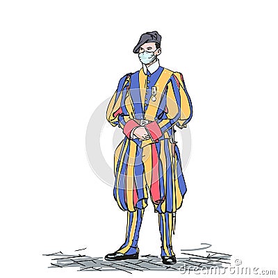 Papal Swiss Vatican Guard in medical face mask Vector Illustration