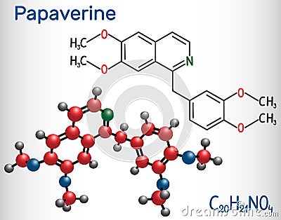 Papaverine molecule. It is opium alkaloid antispasmodic drug. Structural chemical formula and molecule model Vector Illustration