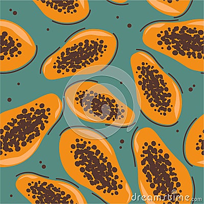 Papaya, colorful seamless pattern. Decorative background with exotic fruits Vector Illustration